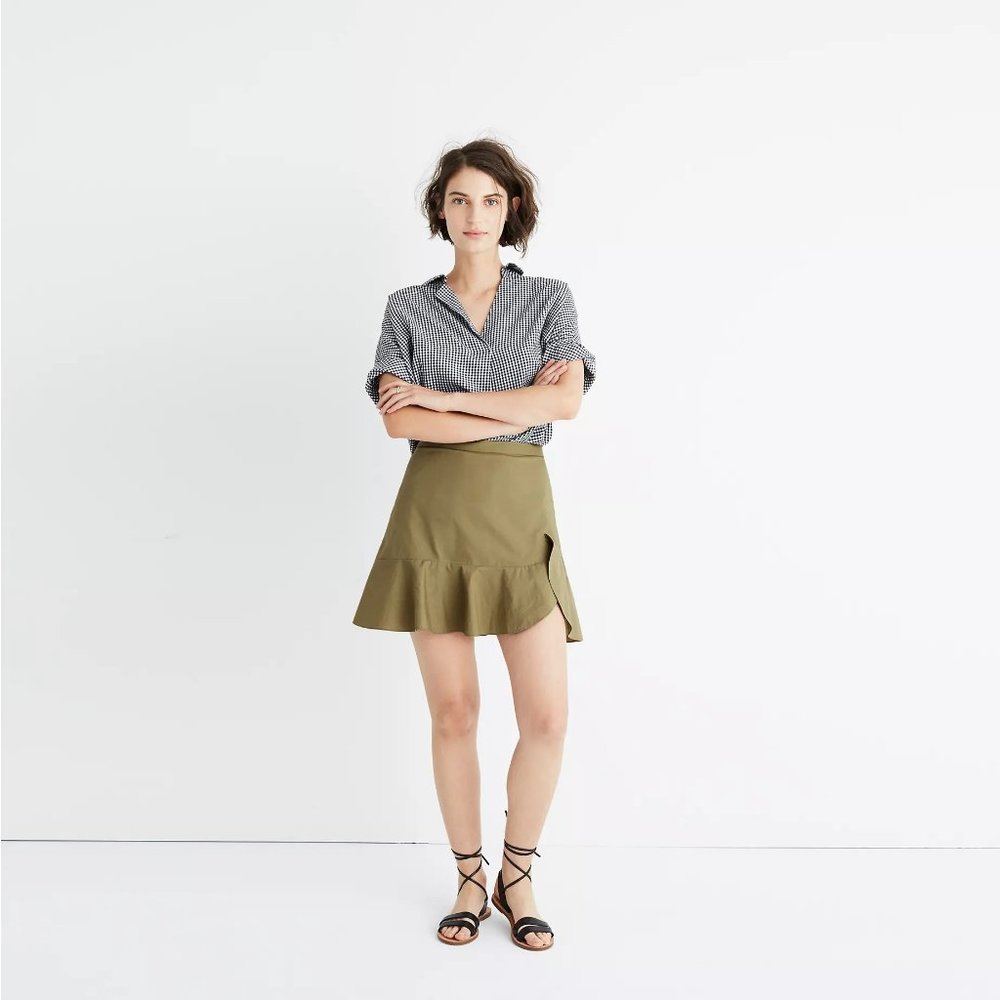 Madewell Ruffle-Wrap Mini Skirt in Expat Olive